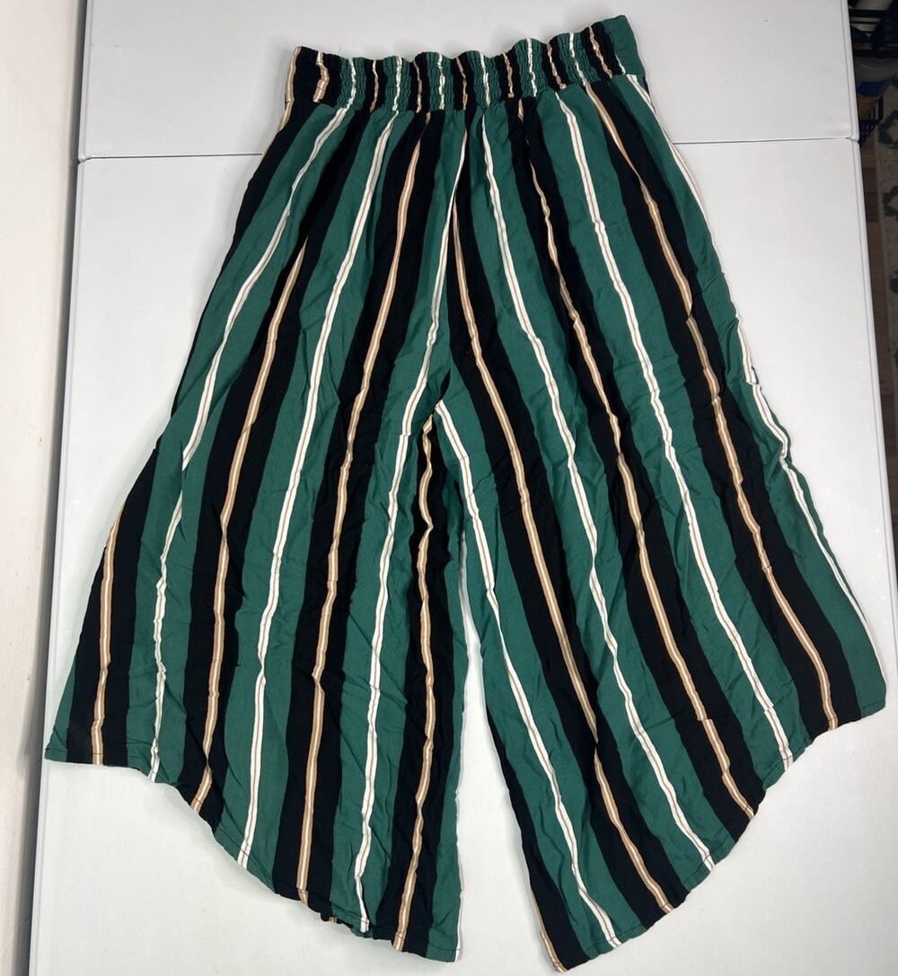 Ava Sky Hawaii Wide Leg Palazzo Pants Striped Green Black Tan Size M Flowy